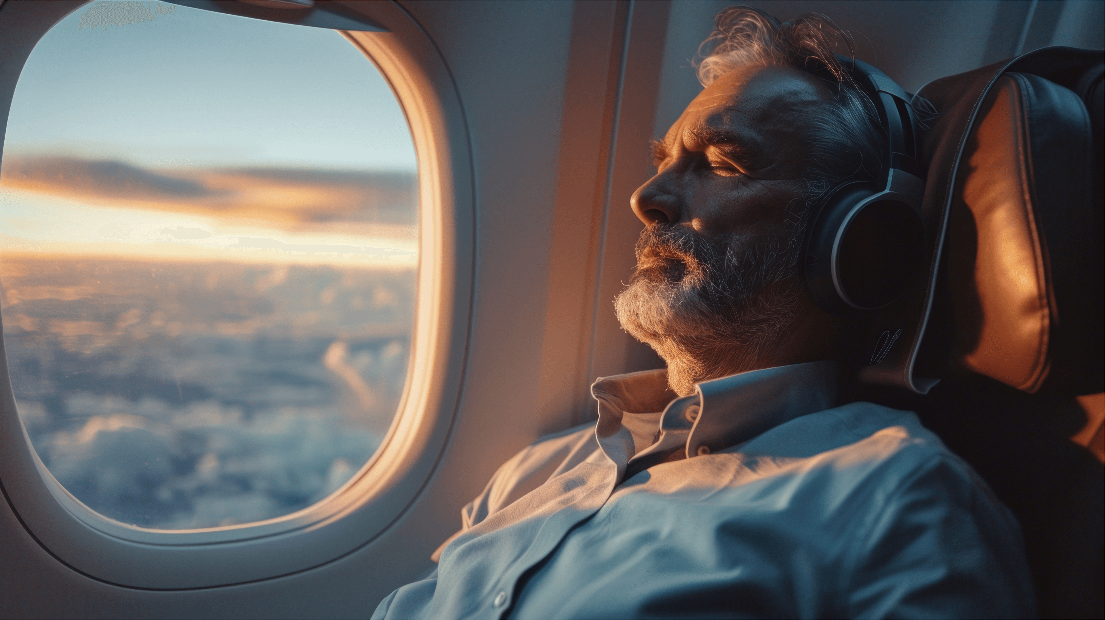 Man with closed eyes, headphones, with a smile and calmness on his face, flies in the sky on a charter plane.